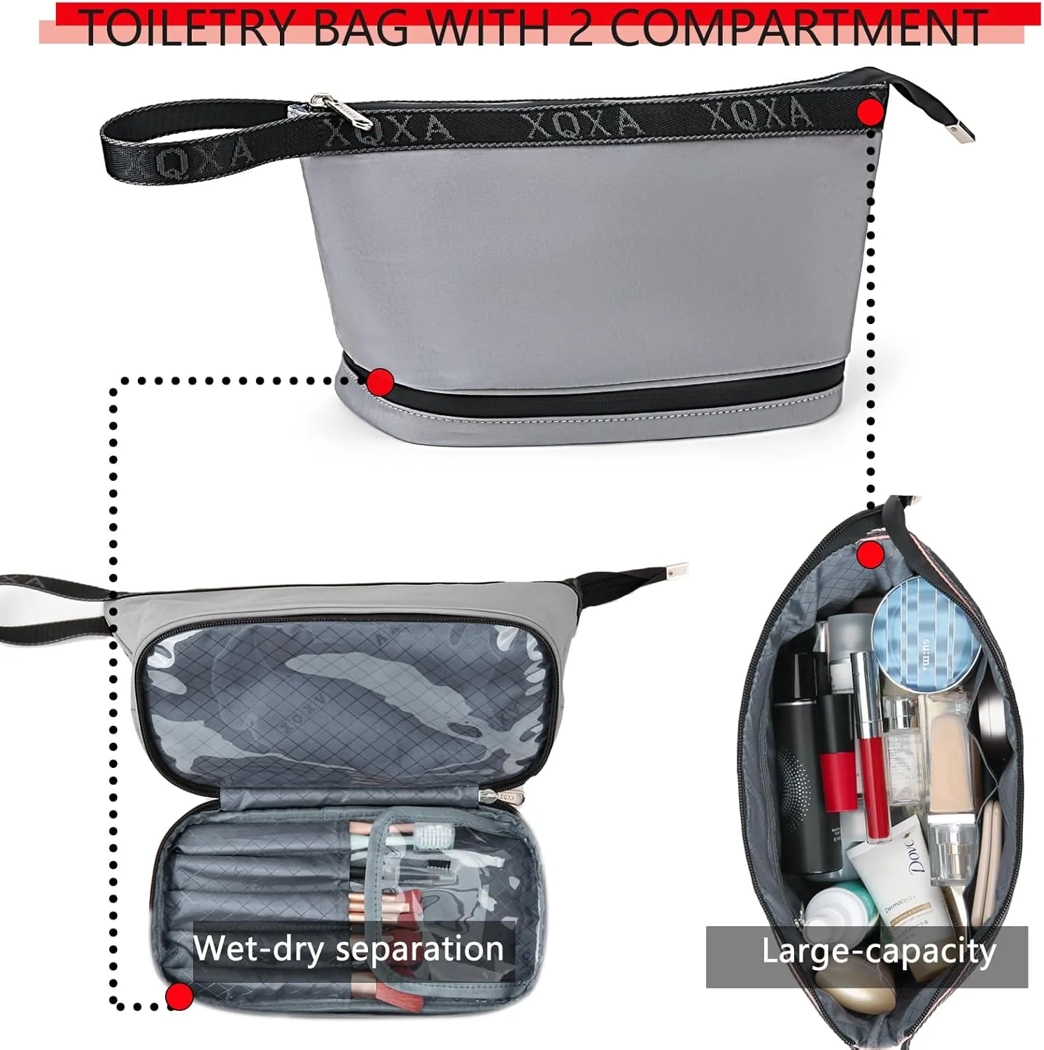 XQXA Travel Toiletry Bag for Women, Hanging Dopp Kit Water Resistant Makeup Bag for Men, Mens Travel Bag Shaving Bag for Toiletries Accessories (05-Grey)