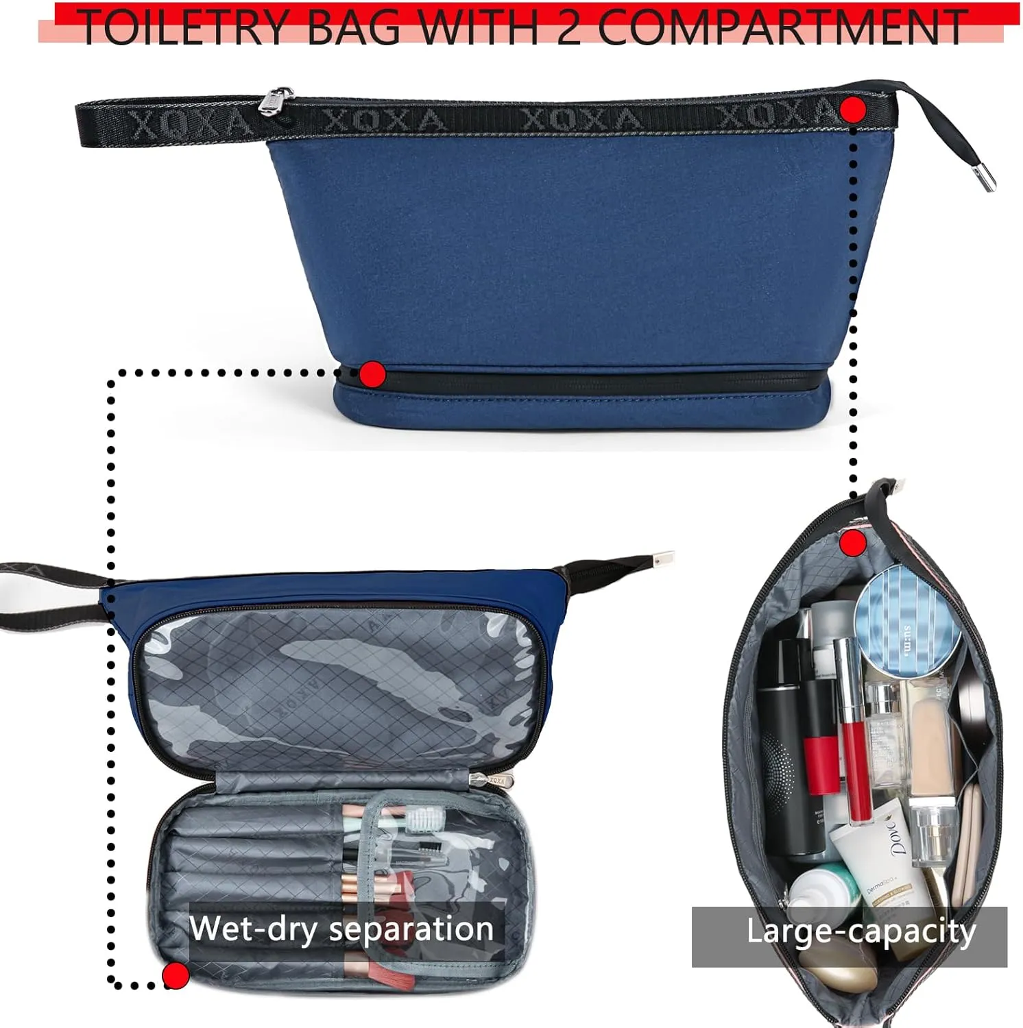 XQXA Travel Toiletry Bag for Women, Hanging Dopp Kit Water Resistant Makeup Bag for Men, Mens Travel Bag Shaving Bag for Toiletries Accessories (05-Navy Blue)