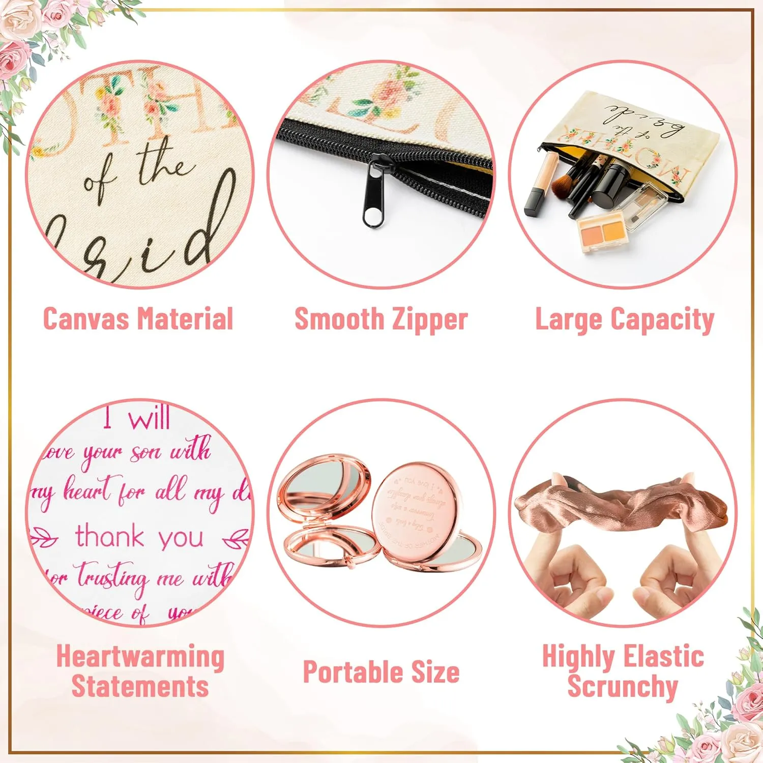 Y1tvei 8Pcs Mom Flower Mother of the Groom and Bride Gifts Set Mother of the Bride Canvas Cosmetic Bag Small Makeup Mirror Handkerchief Rose Gold Scrunchies Engagement Wedding Gifts for Mother in Law
