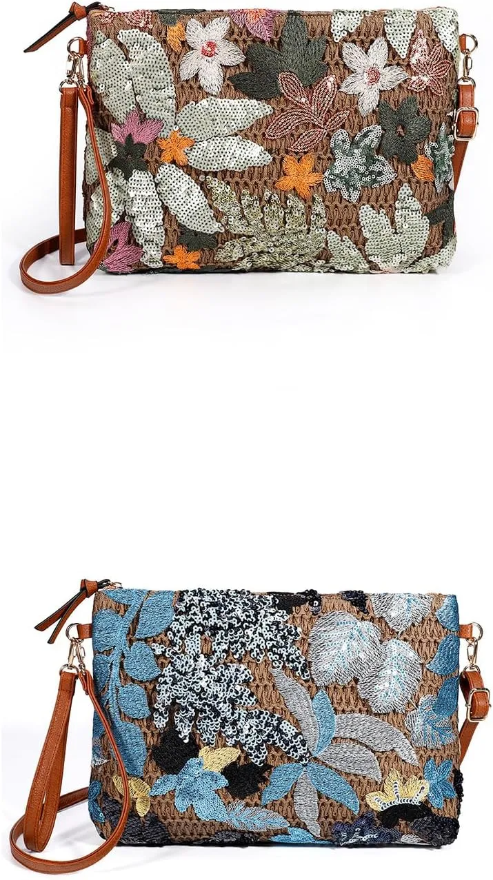 Y2k Sequin Beaded Embroidery Straw Purse Mini Crossbody Bag Women Summer Floral Knit Evening Party Purses