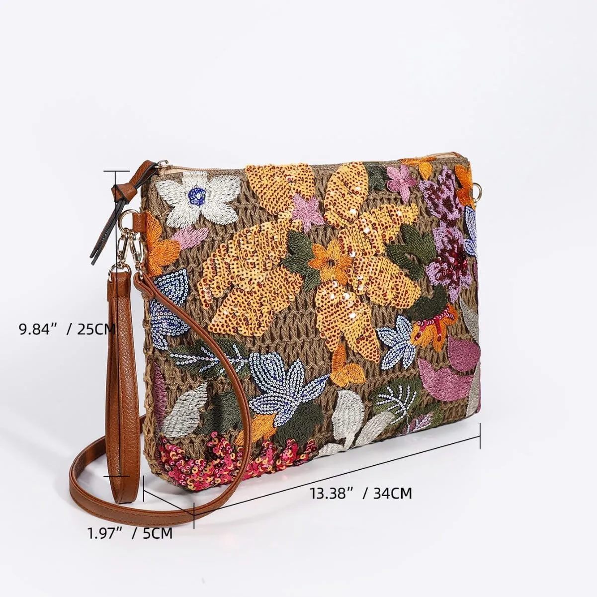 Y2k Sequin Beaded Embroidery Straw Purse Mini Crossbody Bag Women Summer Floral Knit Evening Party Purses