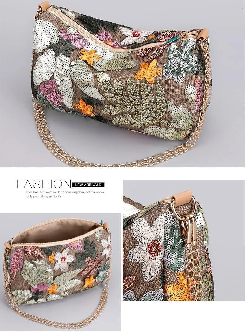 Y2k Sequin Beaded Embroidery Straw Purse Summer Floral Knit Evening Party Purses Mini Crossbody Bag Women