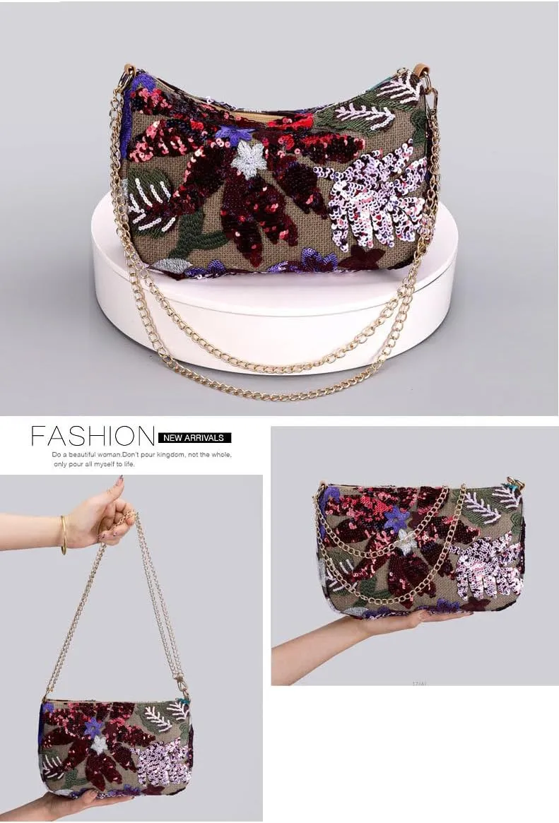 Y2k Sequin Beaded Embroidery Straw Purse Summer Floral Knit Evening Party Purses Mini Crossbody Bag Women