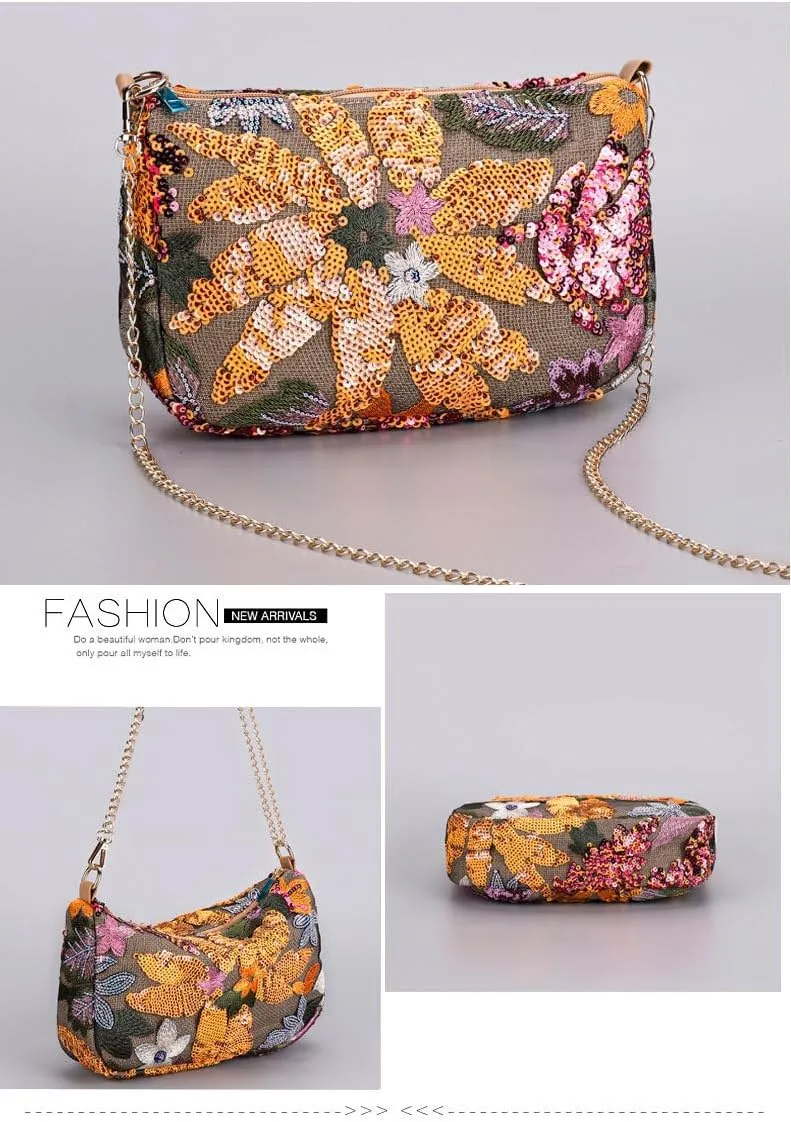 Y2k Sequin Beaded Embroidery Straw Purse Summer Floral Knit Evening Party Purses Mini Crossbody Bag Women