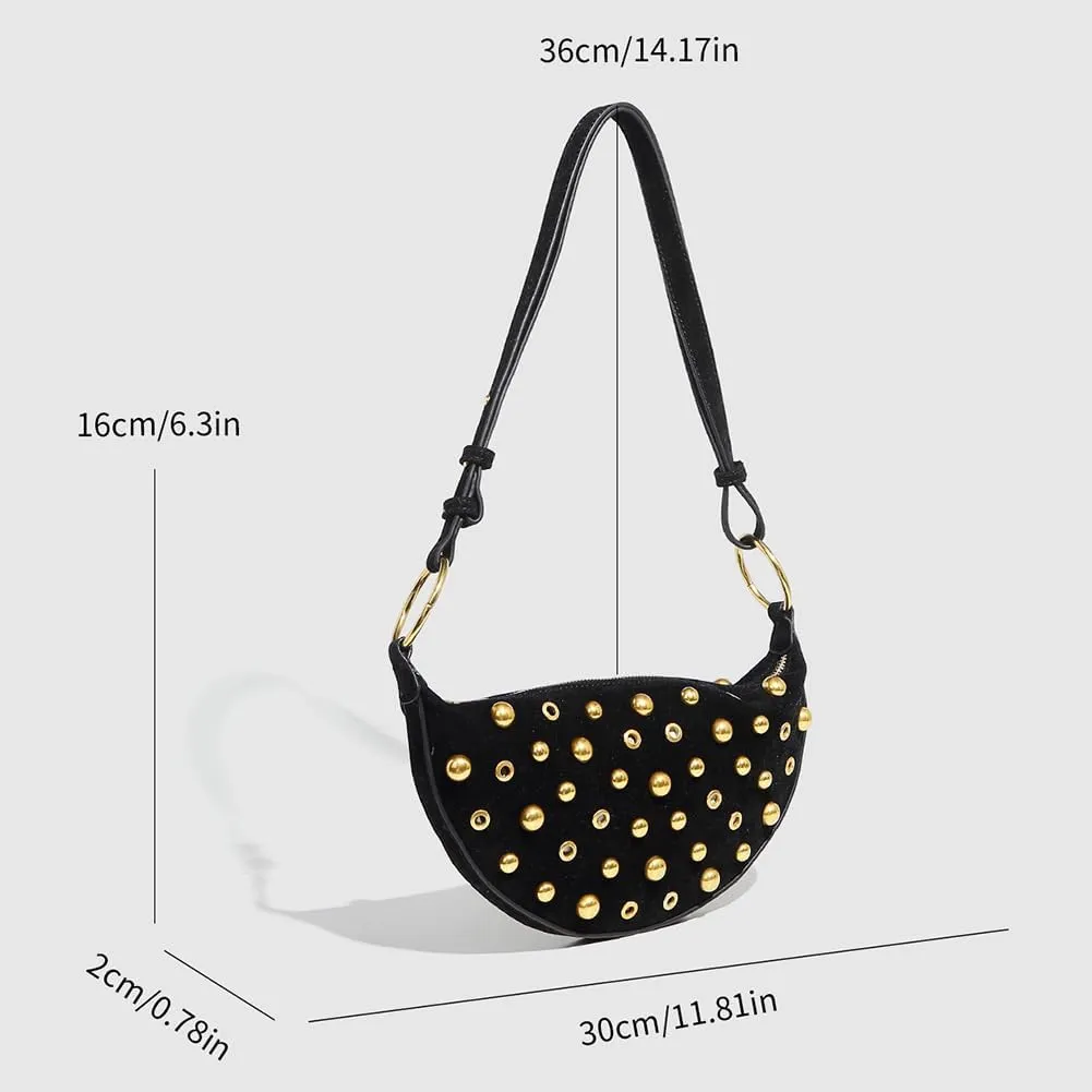 Y2K Studded Purses Black Studded Shoulder Bag Crescent Crossbody Bag