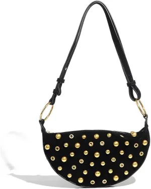 Y2K Studded Purses Black Studded Shoulder Bag Crescent Crossbody Bag