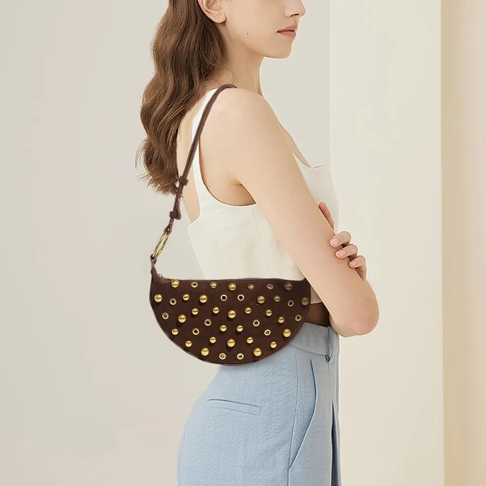 Y2K Studded Purses Black Studded Shoulder Bag Crescent Crossbody Bag