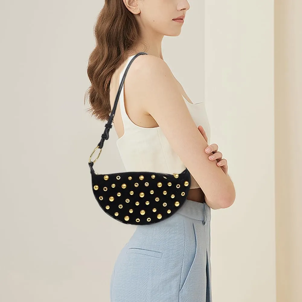 Y2K Studded Purses Black Studded Shoulder Bag Crescent Crossbody Bag