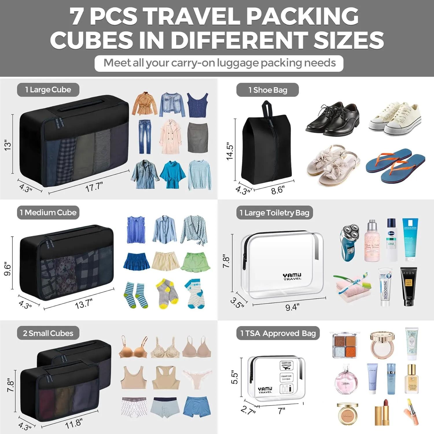 YAMIU Packing Cubes for Suitcases, 7 Pcs luggage organizer bags with Shoe Bag, 2 Waterproof Travel Toiletry Bags, Travel Cubes for Travel Essentials Travel Accessories