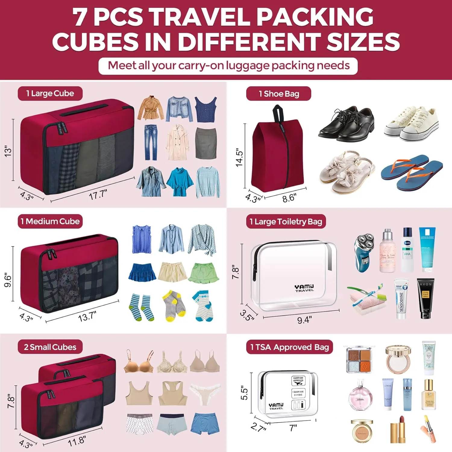 YAMIU Packing Cubes for Suitcases, 7 Pcs luggage organizer bags with Shoe Bag, 2 Waterproof Travel Toiletry Bags, Travel Cubes for Travel Essentials Travel Accessories