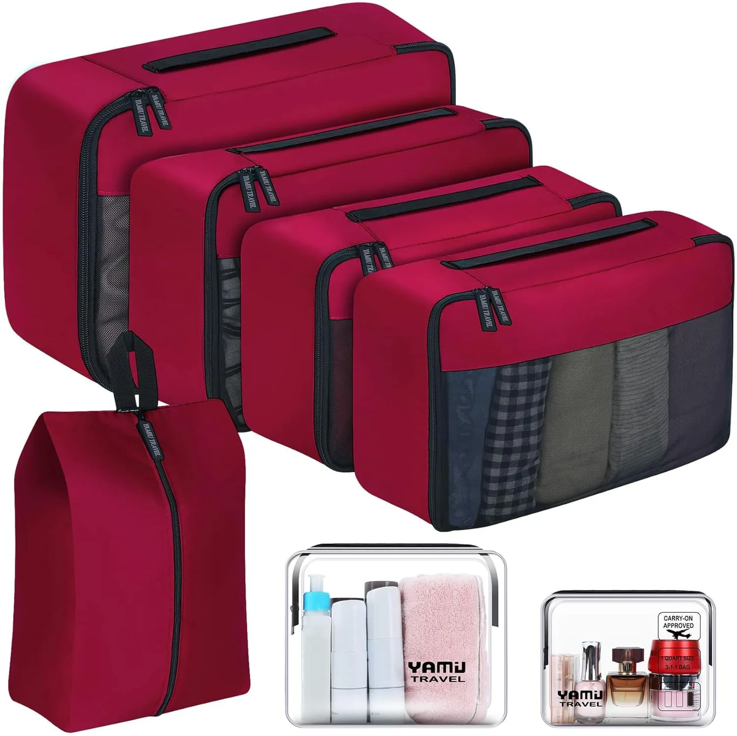 YAMIU Packing Cubes for Suitcases, 7 Pcs luggage organizer bags with Shoe Bag, 2 Waterproof Travel Toiletry Bags, Travel Cubes for Travel Essentials Travel Accessories