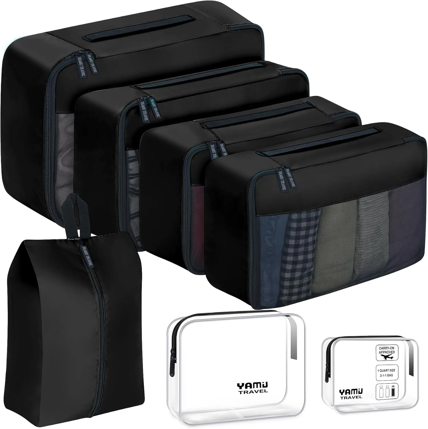 YAMIU Packing Cubes for Suitcases, 7 Pcs luggage organizer bags with Shoe Bag, 2 Waterproof Travel Toiletry Bags, Travel Cubes for Travel Essentials Travel Accessories