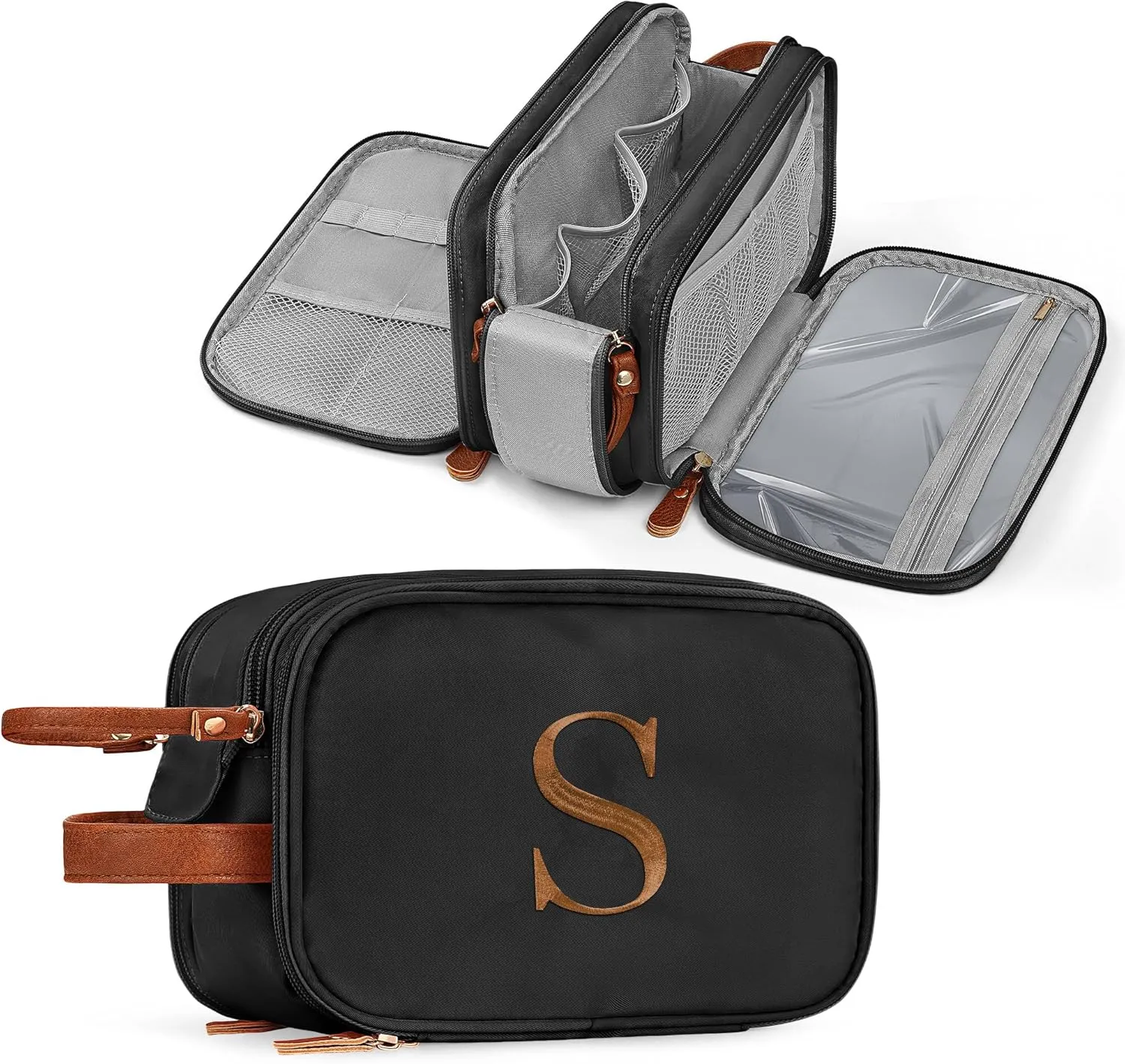 YOOLIFE Birthday Gifts for Women - Travel Toiletry Bag | Initial Makeup Bag | Water Resistant Dopp Kit for Toiletries Accessories, Mom Sister Best Friend Birthday Gifts for Her Female Letter S Black