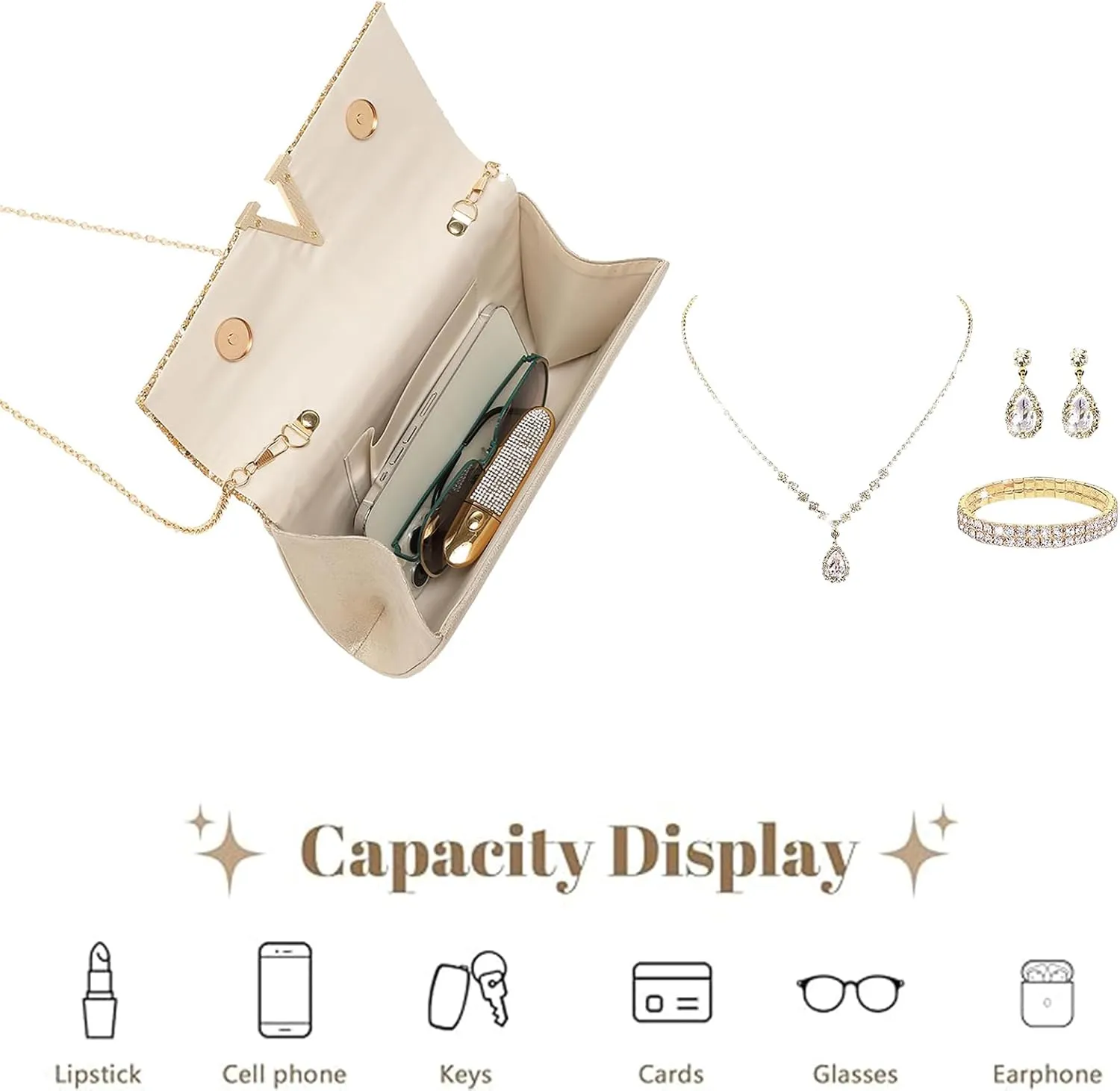 YYW 4 Pieces Women Evening Handbags Clutch Purse Bag with Rhinestone Crystal Jewelry Set for Wedding Party