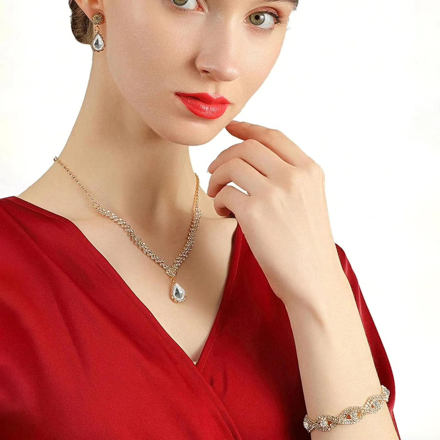 YYW 4 Pieces Women Evening Handbags Clutch Purse Bag with Rhinestone Crystal Jewelry Set for Wedding Party