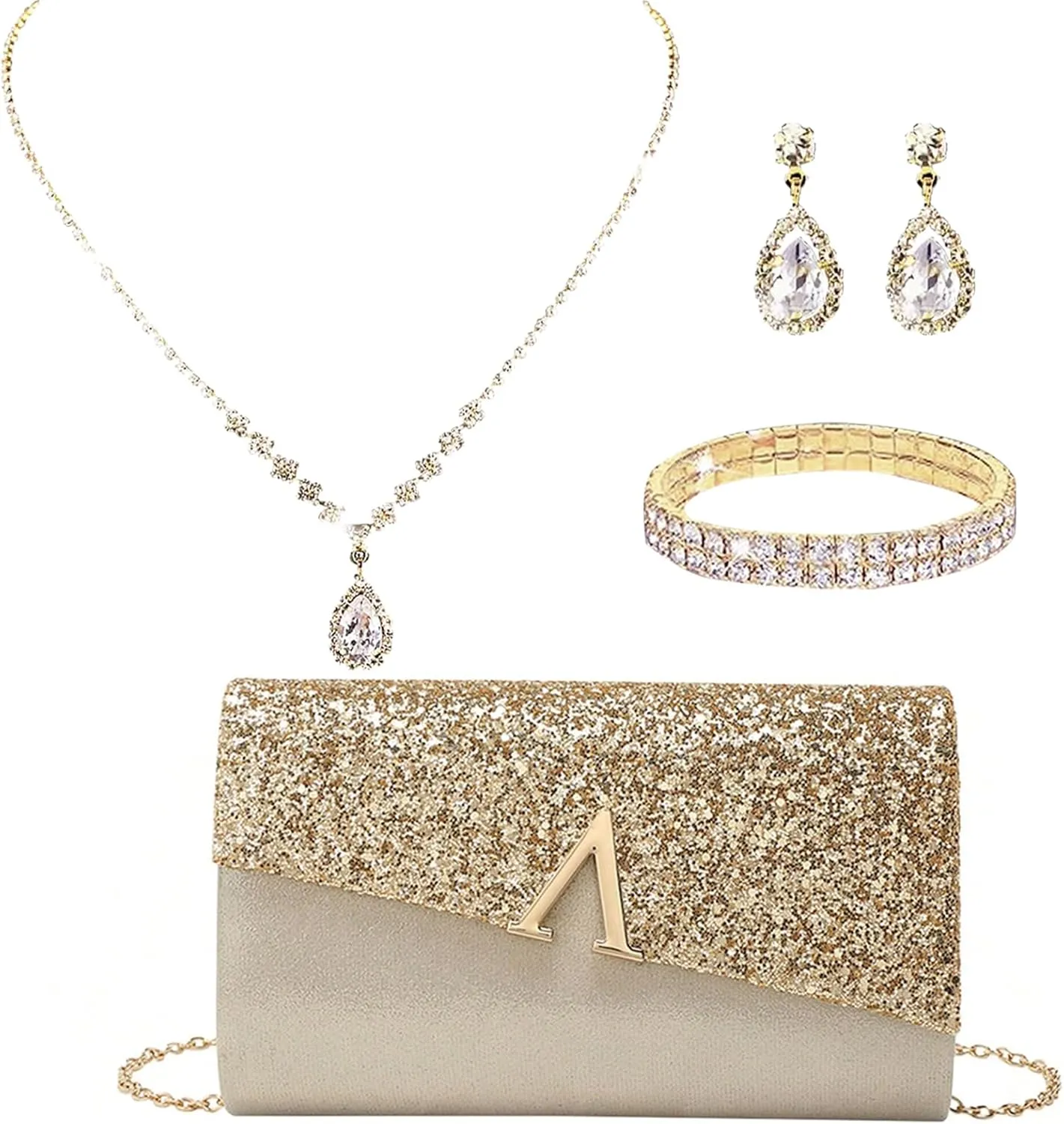 YYW 4 Pieces Women Evening Handbags Clutch Purse Bag with Rhinestone Crystal Jewelry Set for Wedding Party