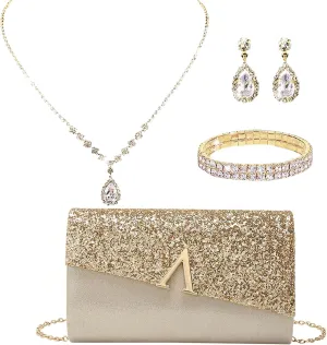 YYW 4 Pieces Women Evening Handbags Clutch Purse Bag with Rhinestone Crystal Jewelry Set for Wedding Party
