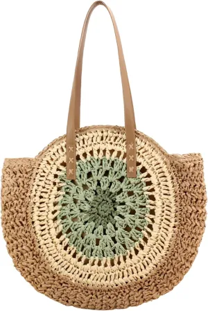 YYW Round Straw Bag Handwoven Natural Summer Beach Shoulder Bag Rattan Crossbody Purse for Women