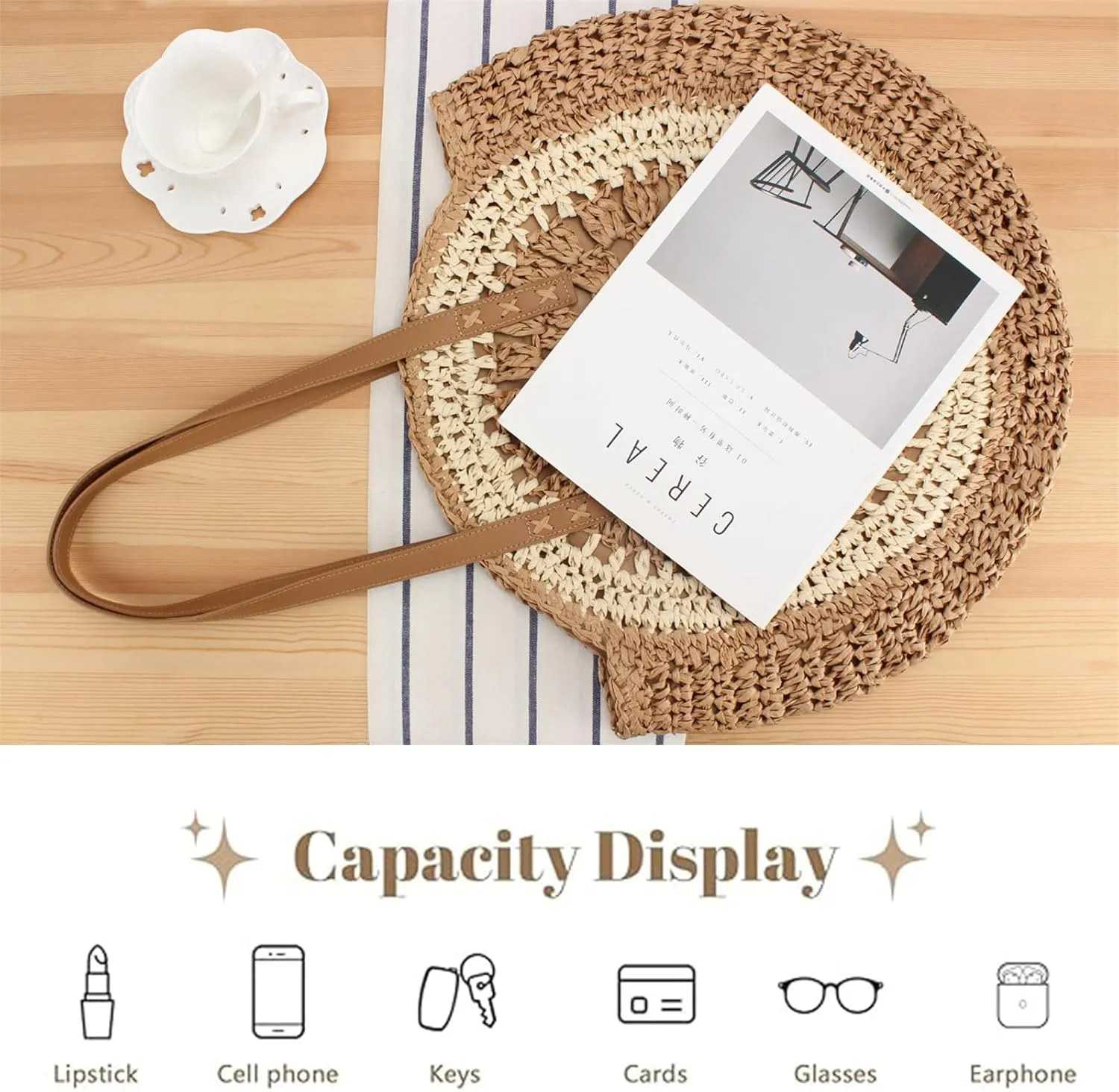 YYW Round Straw Bag Handwoven Natural Summer Beach Shoulder Bag Rattan Crossbody Purse for Women