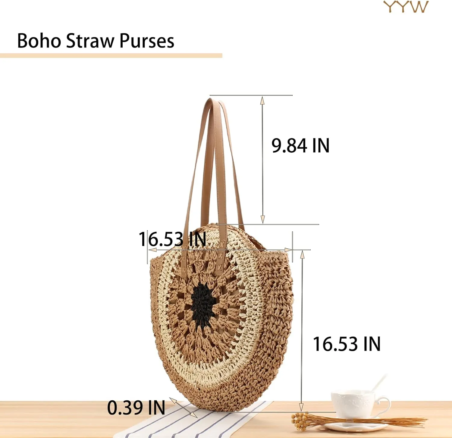 YYW Round Straw Bag Handwoven Natural Summer Beach Shoulder Bag Rattan Crossbody Purse for Women