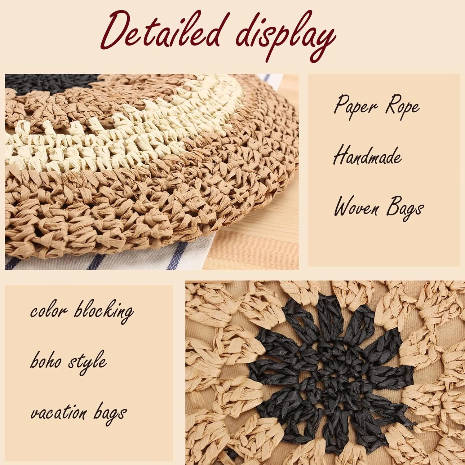 YYW Round Straw Bag Handwoven Natural Summer Beach Shoulder Bag Rattan Crossbody Purse for Women