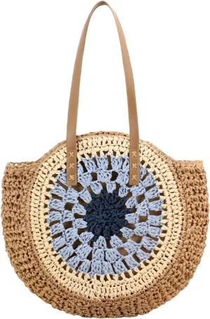 YYW Round Straw Bag Handwoven Natural Summer Beach Shoulder Bag Rattan Crossbody Purse for Women