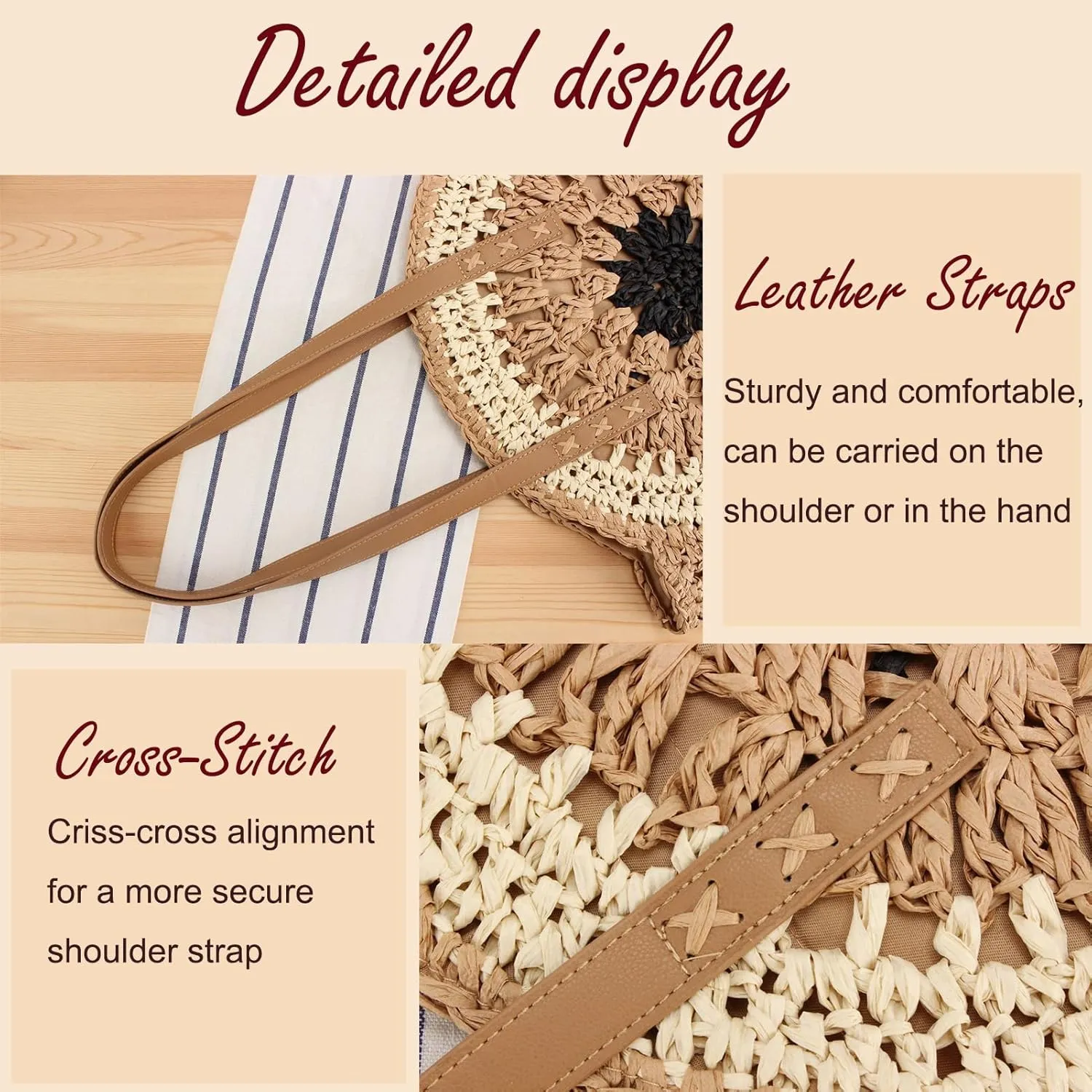 YYW Round Straw Bag Handwoven Natural Summer Beach Shoulder Bag Rattan Crossbody Purse for Women