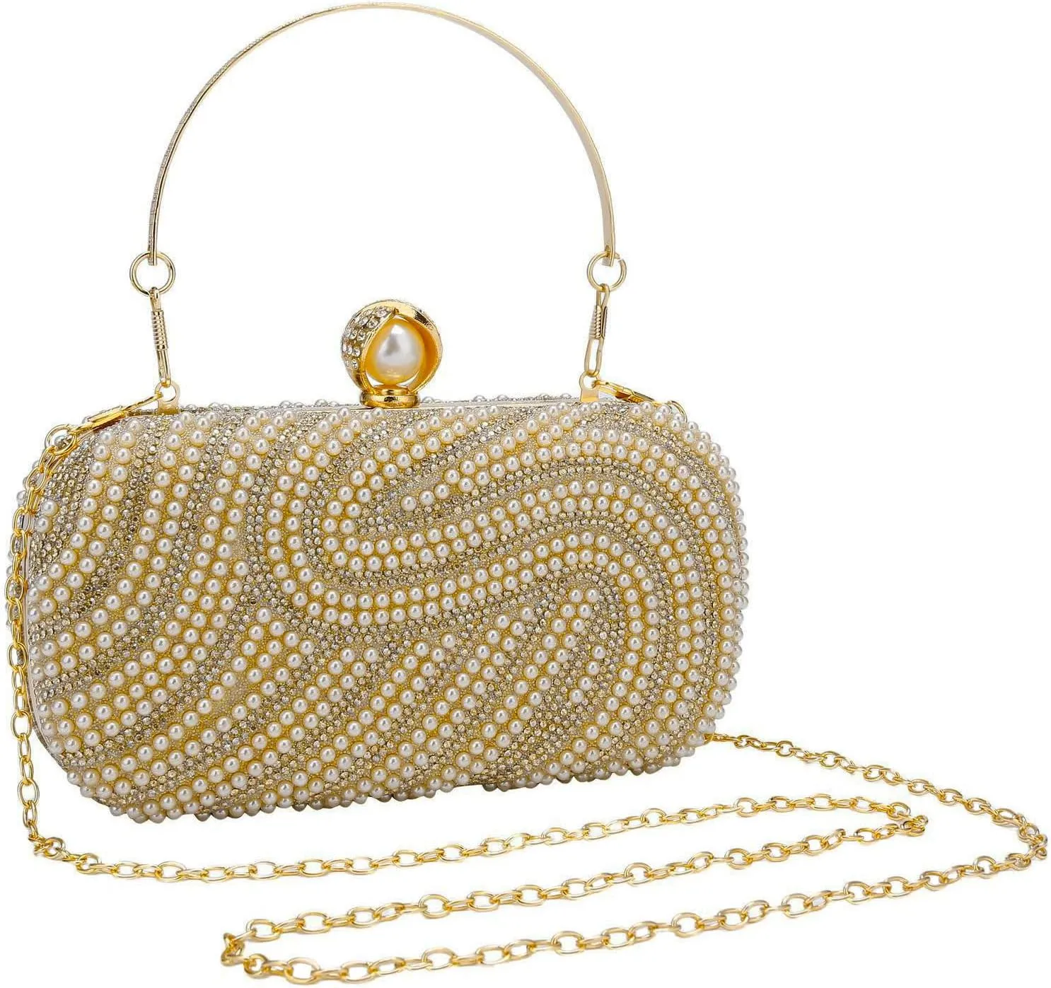 YYW Womens Pearl Clutch Purse Evening Handbags Beaded Bag for Wedding Bride Party with Chain