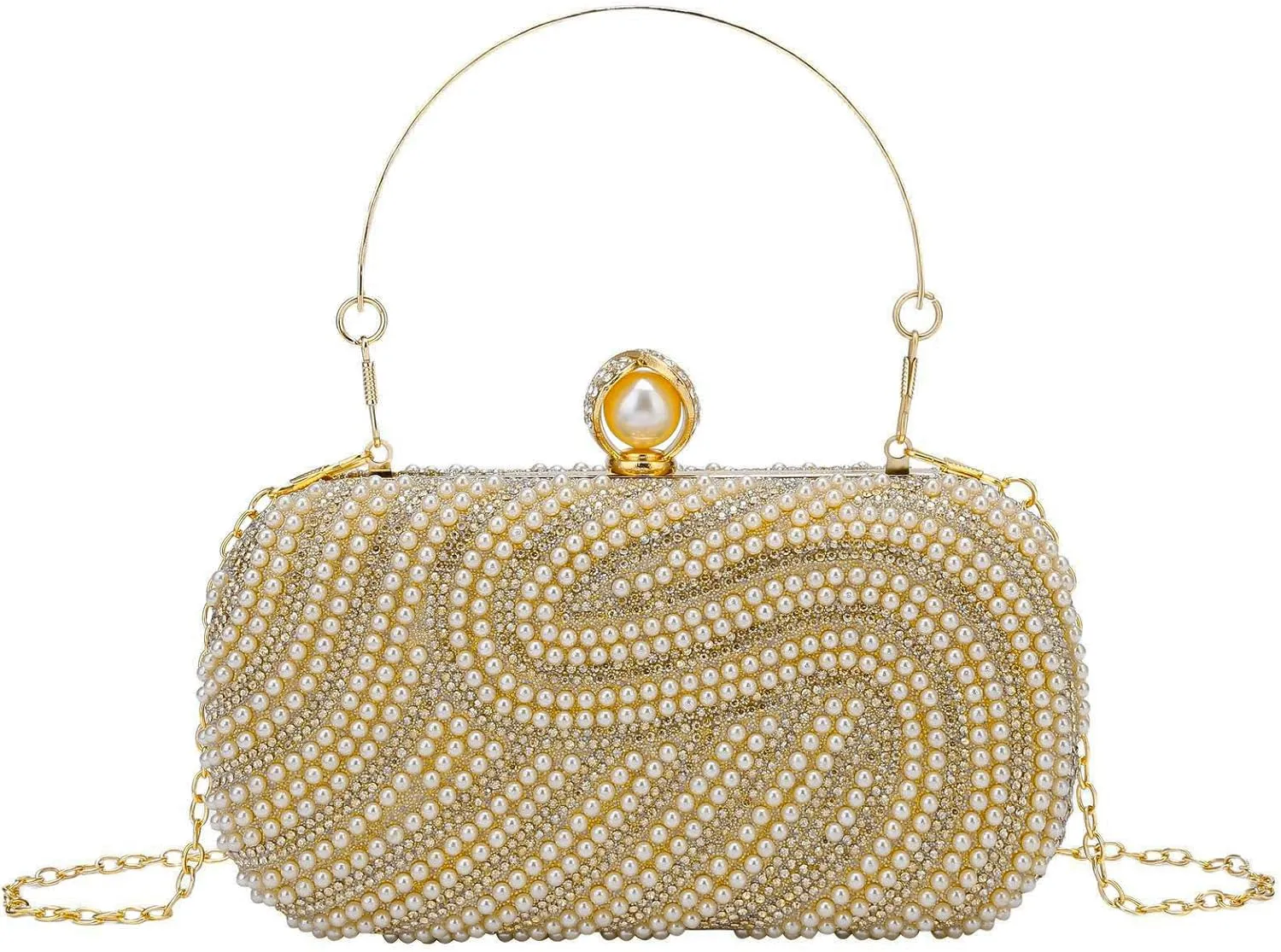 YYW Womens Pearl Clutch Purse Evening Handbags Beaded Bag for Wedding Bride Party with Chain