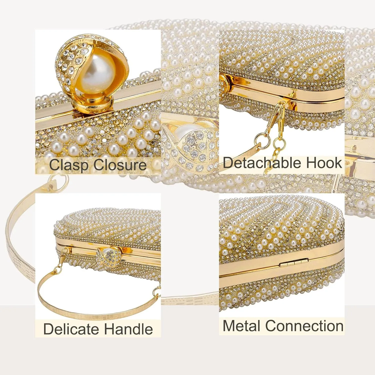 YYW Womens Pearl Clutch Purse Evening Handbags Beaded Bag for Wedding Bride Party with Chain