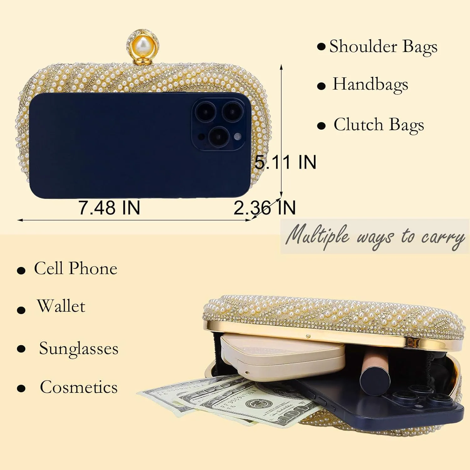 YYW Womens Pearl Clutch Purse Evening Handbags Beaded Bag for Wedding Bride Party with Chain