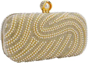 YYW Womens Pearl Clutch Purse Evening Handbags Beaded Bag for Wedding Bride Party with Chain