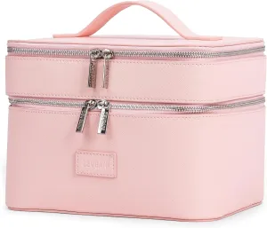ZEVGANI Vanity Case, Leather Makeup Bag with Mirror, Large Travel Make up Cosmetic Organizer Dual Compartments Brush Storage & Removable Divider for Full-Size Toiletries Skincare, Pink