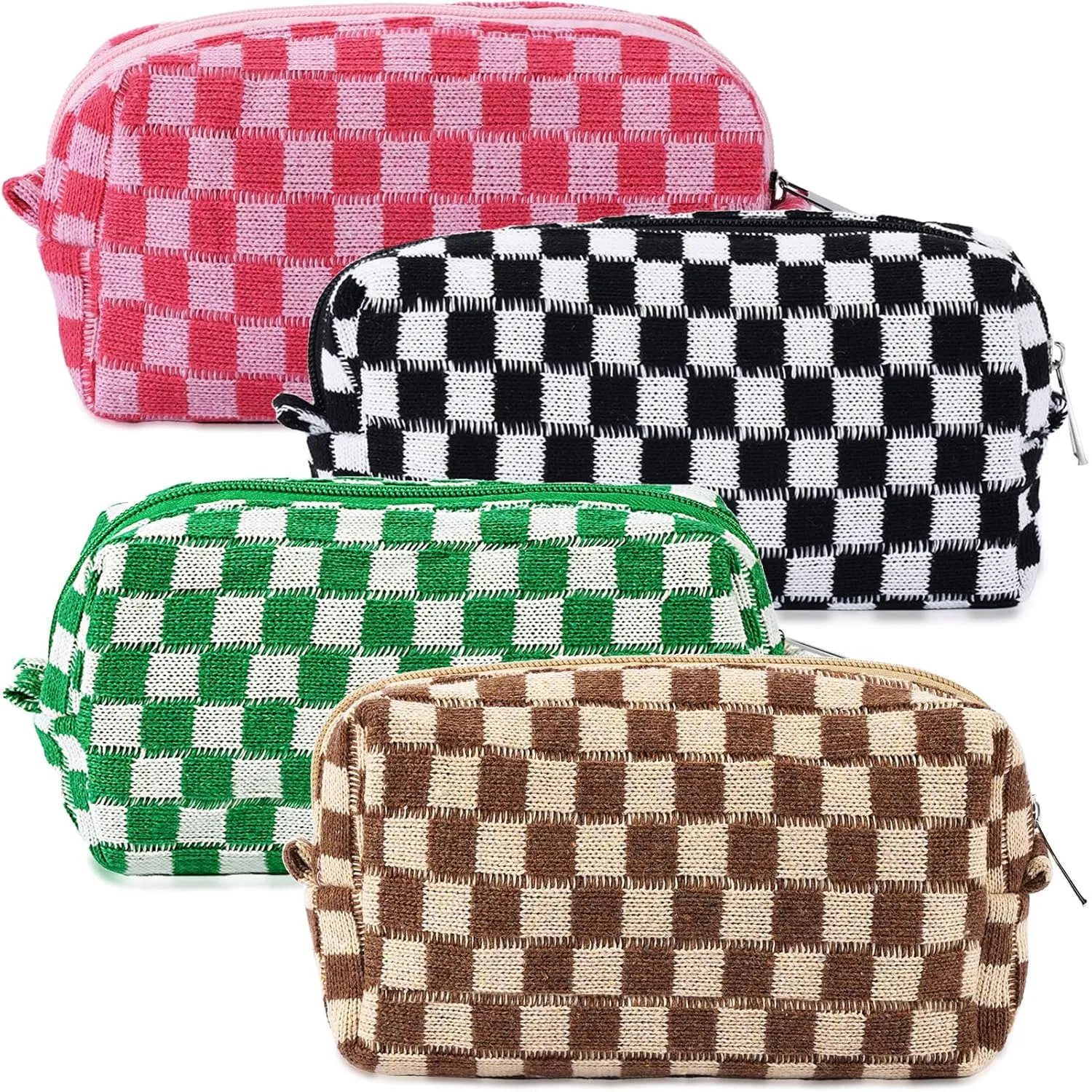 ZLFSRQ 4Pcs Checkered Makeup Bag for Women Knitted Travel Small Cosmetic Bags Pouch for Purse Pencil Case Zipper Toiletry Organizer Cute Aesthetic Makeup Brushes Storage Bag (Green/Black/Pink/Brown)