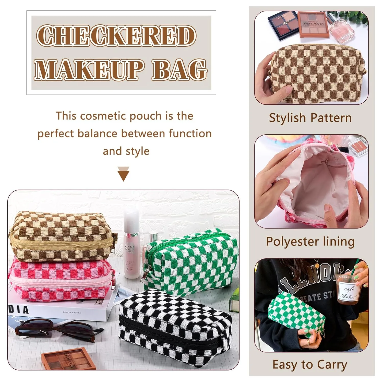 ZLFSRQ 4Pcs Checkered Makeup Bag for Women Knitted Travel Small Cosmetic Bags Pouch for Purse Pencil Case Zipper Toiletry Organizer Cute Aesthetic Makeup Brushes Storage Bag (Green/Black/Pink/Brown)