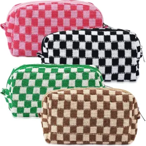 ZLFSRQ 4Pcs Checkered Makeup Bag for Women Knitted Travel Small Cosmetic Bags Pouch for Purse Pencil Case Zipper Toiletry Organizer Cute Aesthetic Makeup Brushes Storage Bag (Green/Black/Pink/Brown)