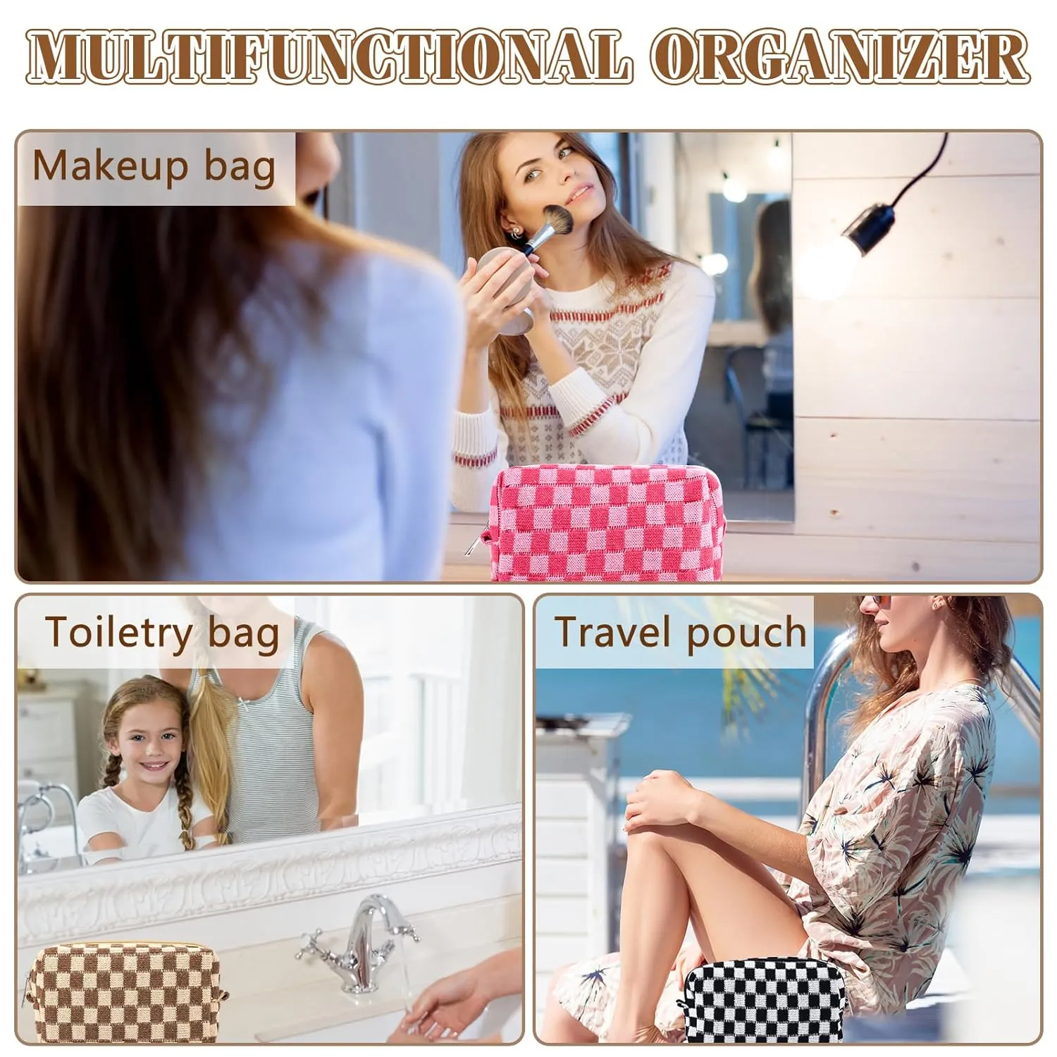 ZLFSRQ 4Pcs Checkered Makeup Bag for Women Knitted Travel Small Cosmetic Bags Pouch for Purse Pencil Case Zipper Toiletry Organizer Cute Aesthetic Makeup Brushes Storage Bag (Green/Black/Pink/Brown)