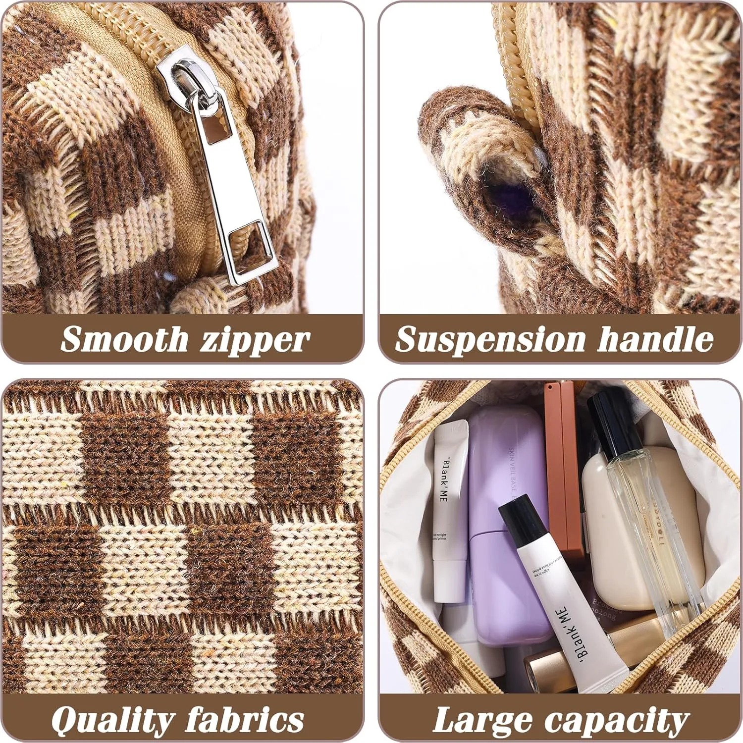 ZLFSRQ 4Pcs Checkered Makeup Bag for Women Knitted Travel Small Cosmetic Bags Pouch for Purse Pencil Case Zipper Toiletry Organizer Cute Aesthetic Makeup Brushes Storage Bag (Green/Black/Pink/Brown)