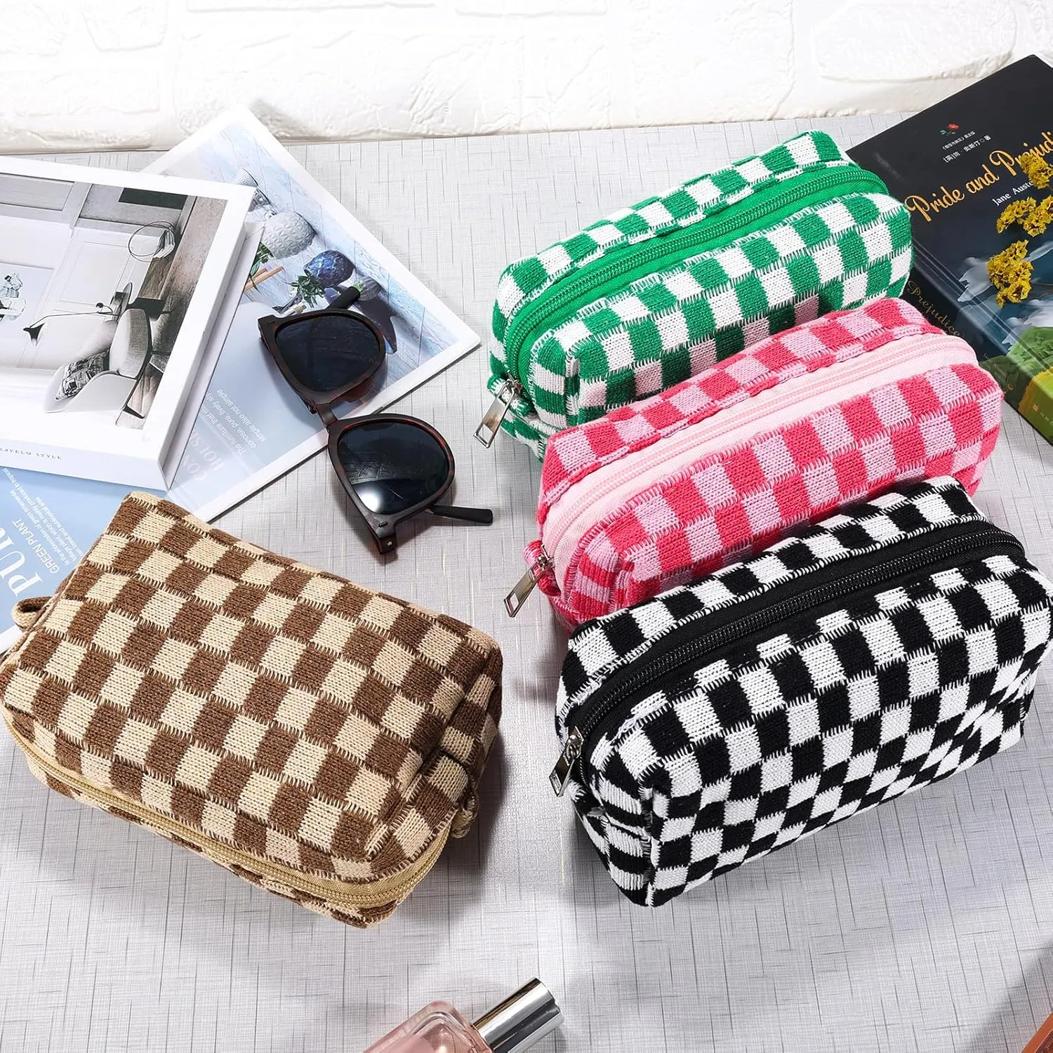 ZLFSRQ 4Pcs Checkered Makeup Bag for Women Knitted Travel Small Cosmetic Bags Pouch for Purse Pencil Case Zipper Toiletry Organizer Cute Aesthetic Makeup Brushes Storage Bag (Green/Black/Pink/Brown)