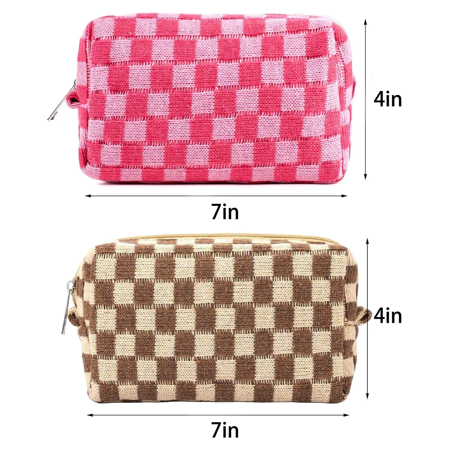 ZLFSRQ 4Pcs Checkered Makeup Bag for Women Knitted Travel Small Cosmetic Bags Pouch for Purse Pencil Case Zipper Toiletry Organizer Cute Aesthetic Makeup Brushes Storage Bag (Green/Black/Pink/Brown)