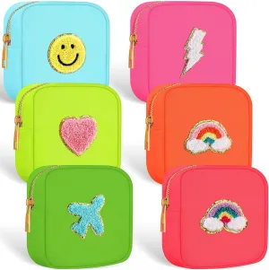 Zubebe 6 Pcs Preppy Patch Cute Makeup Bags Toiletry Bags Skincare Pouch Chenille Letter Nylon Bag for Purse Small Zipper Cosmetic Makeup Pouch Preppy Things for Travel(Fluorescent Color)